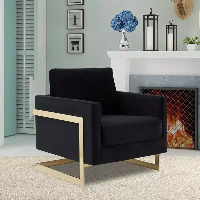 Fauteuil d'appoint rembourré LeisureMod Lincoln - Fauteuil club moderne en velours avec cadre architectural en métal doré
