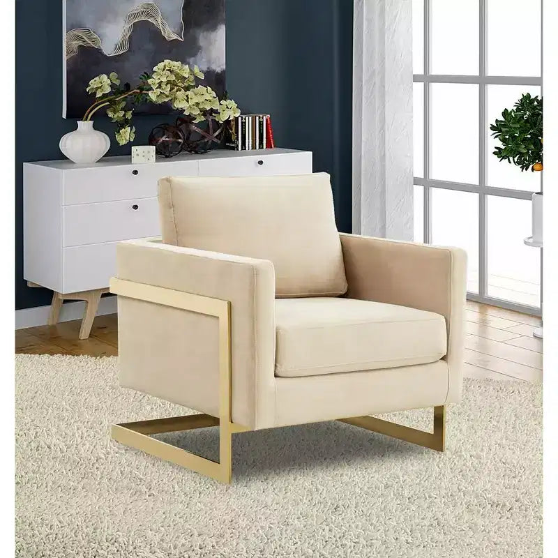 Fauteuil d'appoint rembourré LeisureMod Lincoln - Fauteuil club moderne en velours avec cadre architectural en métal doré