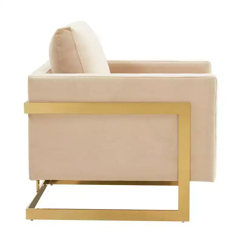 Fauteuil d'appoint rembourré LeisureMod Lincoln - Fauteuil club moderne en velours avec cadre architectural en métal doré