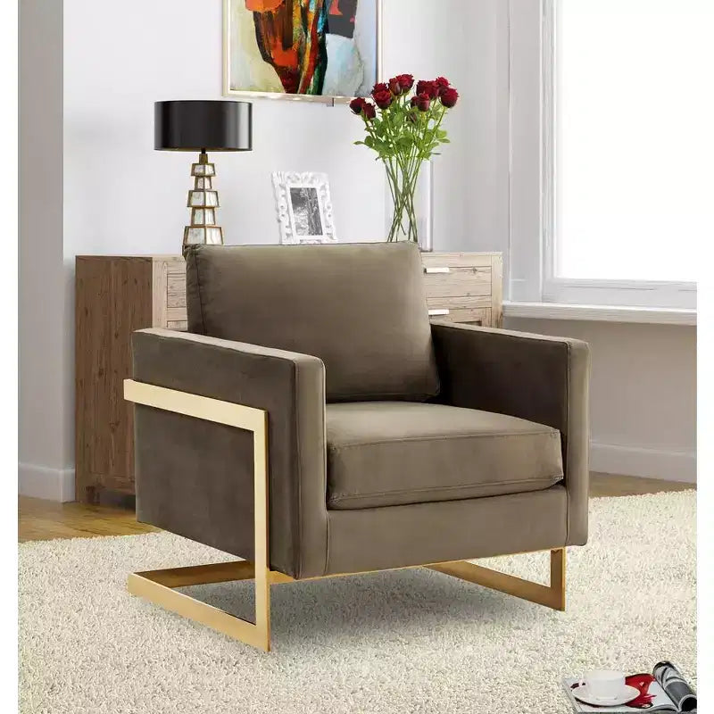 Fauteuil d'appoint rembourré LeisureMod Lincoln - Fauteuil club moderne en velours avec cadre architectural en métal doré