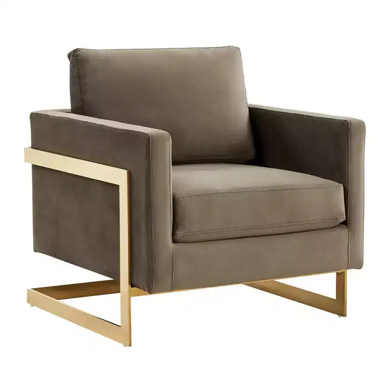 Fauteuil d'appoint rembourré LeisureMod Lincoln - Fauteuil club moderne en velours avec cadre architectural en métal doré