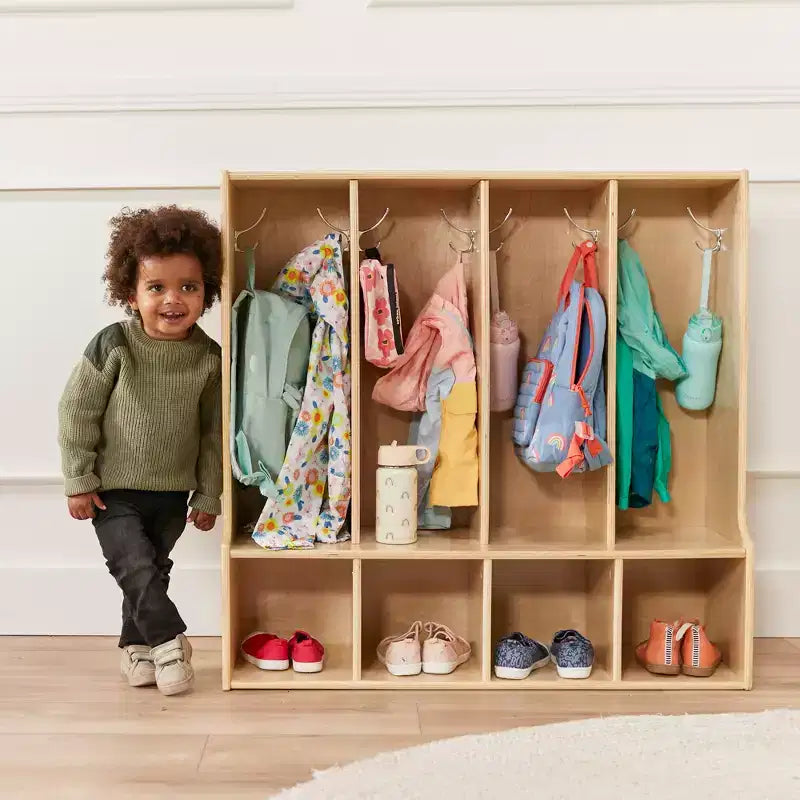 Vestiaire 4 sections ECR4Kids Streamline pour tout-petits avec banc, mobilier de classe