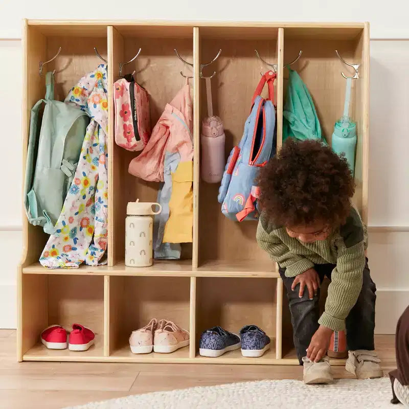 Vestiaire 4 sections ECR4Kids Streamline pour tout-petits avec banc, mobilier de classe