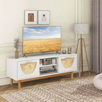 Meuble TV Costway pour téléviseurs de 55 pouces avec 2 tiroirs et façades en bambou tressé, pieds en bois massif, blanc