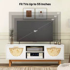Meuble TV Costway pour téléviseurs de 55 pouces avec 2 tiroirs et façades en bambou tressé, pieds en bois massif, blanc