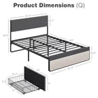 Cadre de lit double WhizMax avec 2 tiroirs de rangement, lit plateforme rembourré avec tête et pied de lit, sommier tapissier, support à lattes en acier