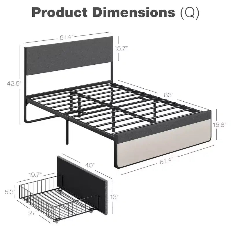 Cadre de lit double WhizMax avec 2 tiroirs de rangement, lit plateforme rembourré avec tête et pied de lit, sommier tapissier, support à lattes en acier