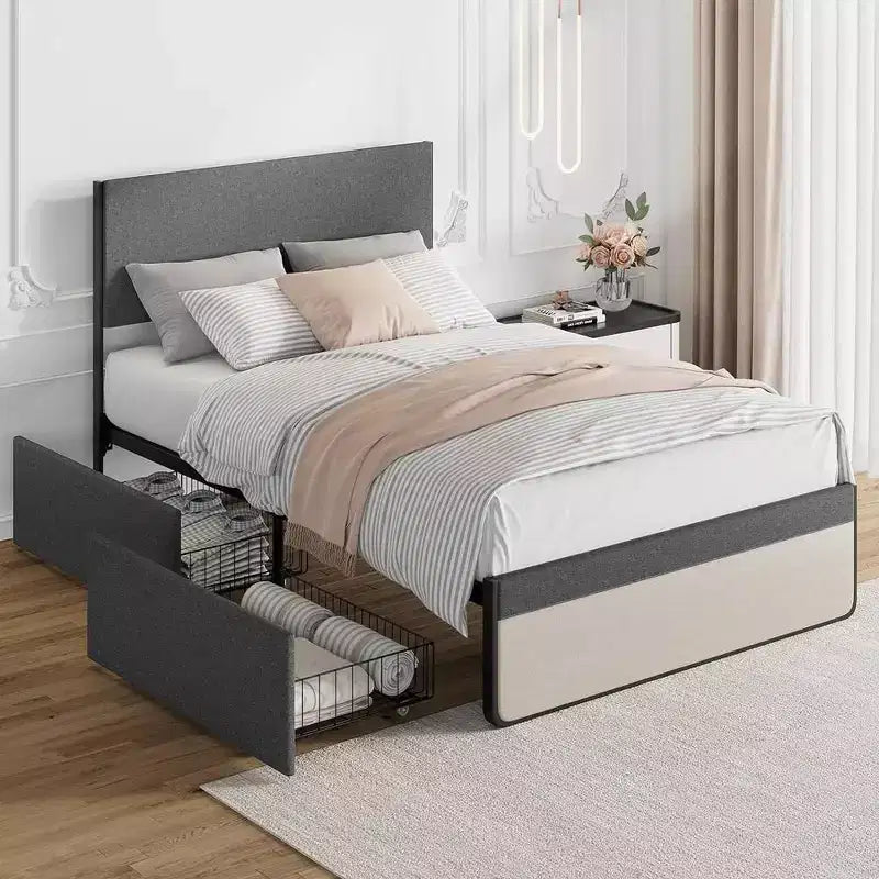 Cadre de lit double WhizMax avec 2 tiroirs de rangement, lit plateforme rembourré avec tête et pied de lit, sommier tapissier, support à lattes en acier