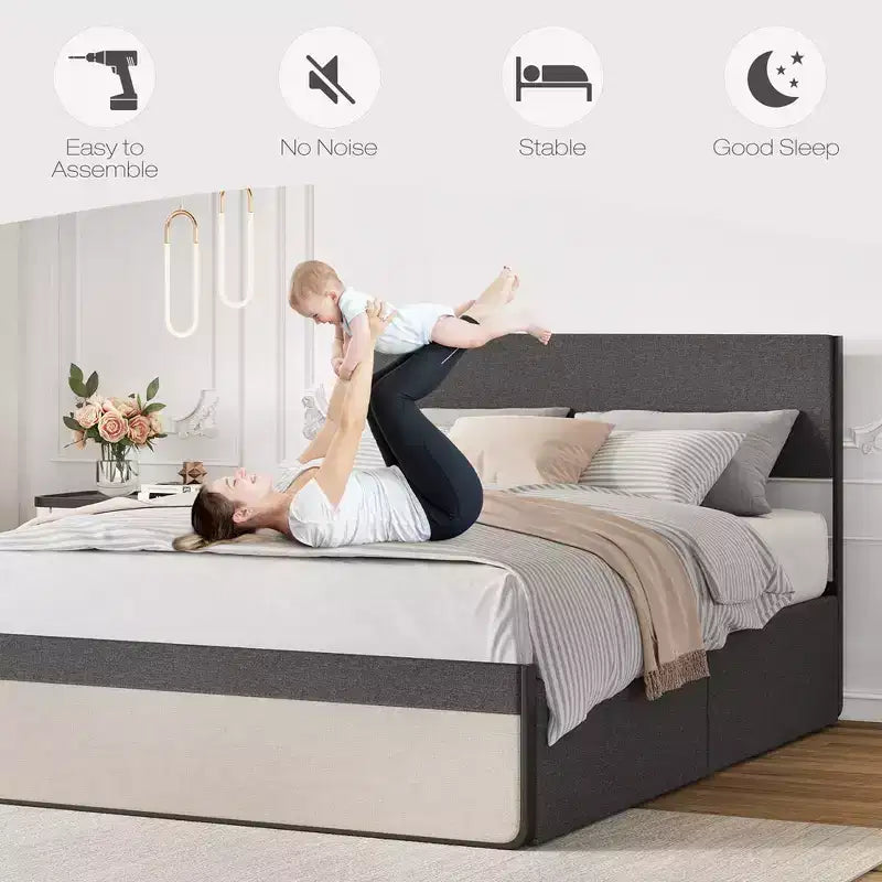 Cadre de lit double WhizMax avec 2 tiroirs de rangement, lit plateforme rembourré avec tête et pied de lit, sommier tapissier, support à lattes en acier