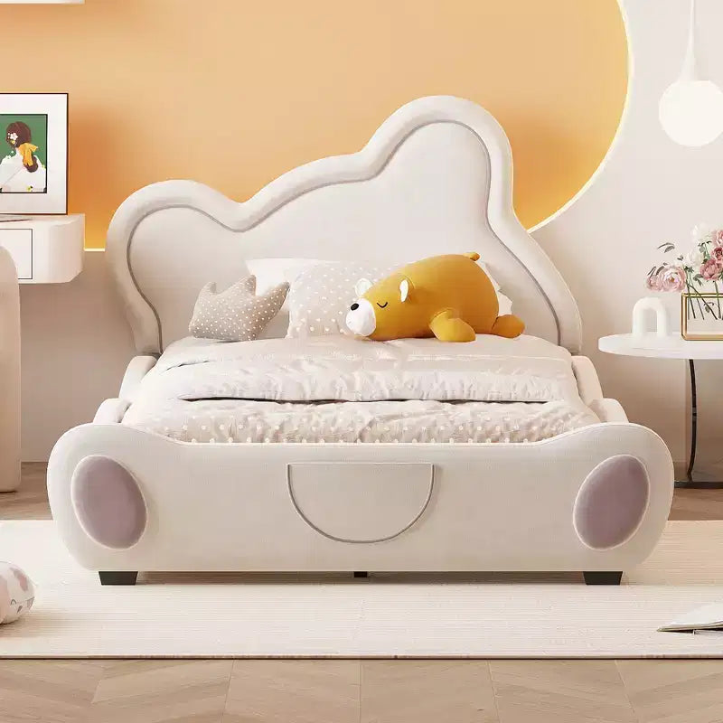 Lit plateforme rembourré en velours pour matelas jumeau/double/grand format avec tête de lit en forme d'ours et pochette de rangement au pied du lit 4W - ModernLuxe