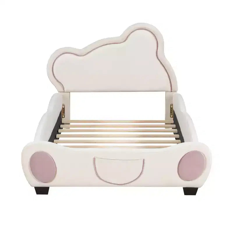 Lit plateforme rembourré en velours pour matelas jumeau/double/grand format avec tête de lit en forme d'ours et pochette de rangement au pied du lit 4W - ModernLuxe