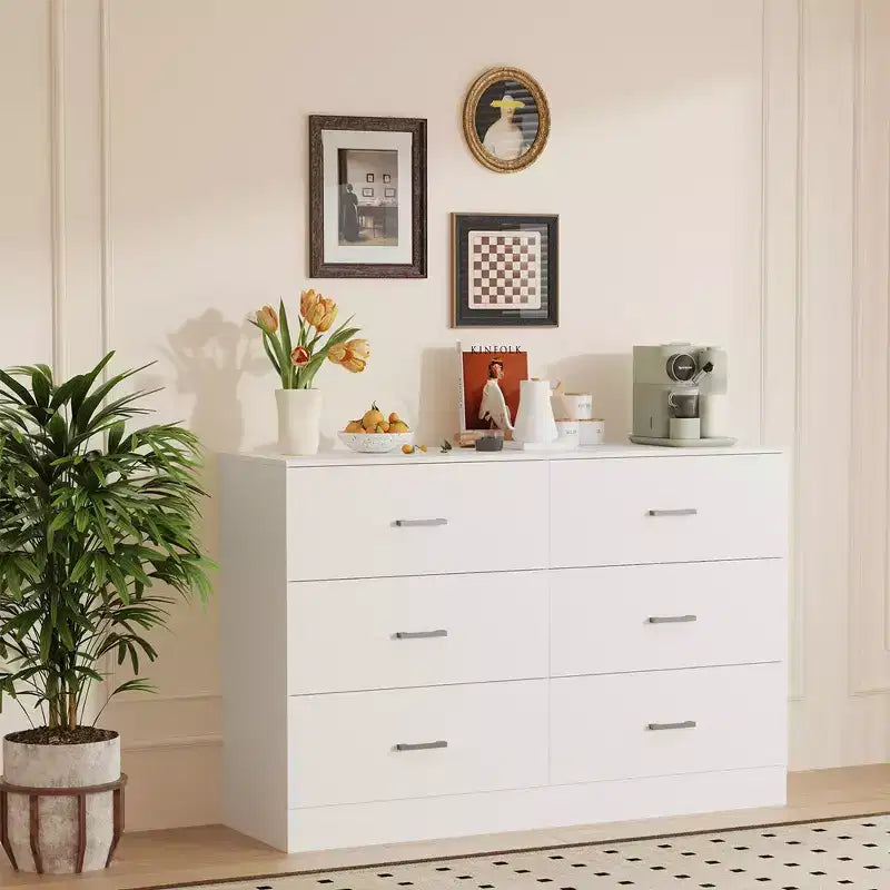 Commode haute à 6 tiroirs pour chambre à coucher en MDF avec finition résistante aux rayures, blanc