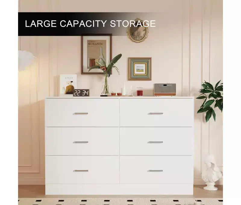Commode haute à 6 tiroirs pour chambre à coucher en MDF avec finition résistante aux rayures, blanc