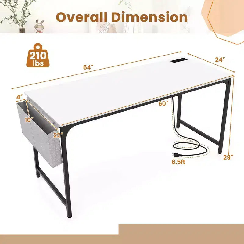 Costway Bureau d'ordinateur moderne 60 pouces avec station de charge, sac de rangement et crochet pour casque, blanc