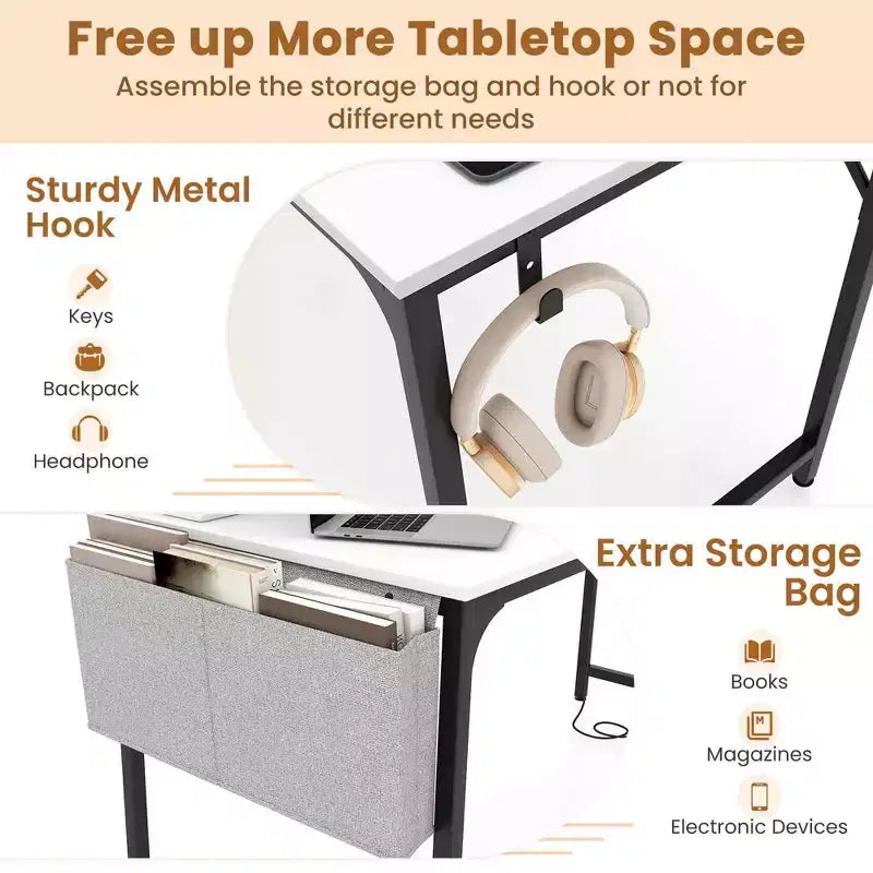 Costway Bureau d'ordinateur moderne 60 pouces avec station de charge, sac de rangement et crochet pour casque, blanc