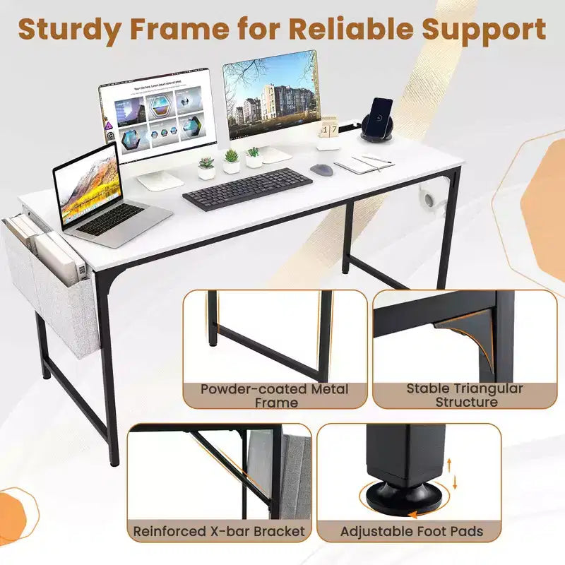 Costway Bureau d'ordinateur moderne 60 pouces avec station de charge, sac de rangement et crochet pour casque, blanc