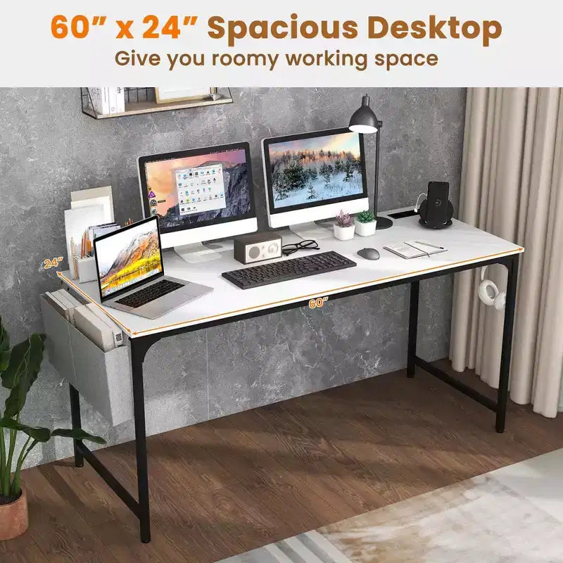 Costway Bureau d'ordinateur moderne 60 pouces avec station de charge, sac de rangement et crochet pour casque, blanc