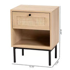 Table d'appoint Baxton Studio Sherwin mi-siècle moderne, brun clair et noir, 1 tiroir avec accent en rotin tressé