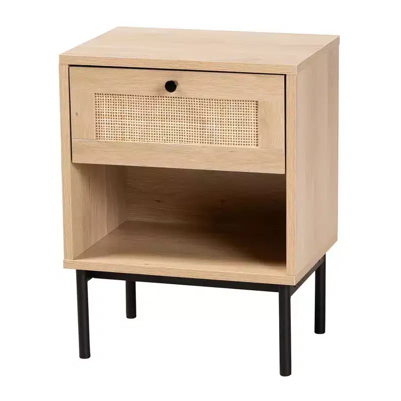 Table d'appoint Baxton Studio Sherwin mi-siècle moderne, brun clair et noir, 1 tiroir avec accent en rotin tressé