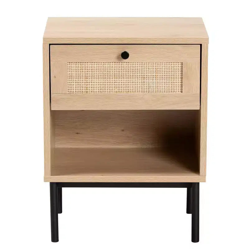 Table d'appoint Baxton Studio Sherwin mi-siècle moderne, brun clair et noir, 1 tiroir avec accent en rotin tressé