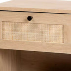 Table d'appoint Baxton Studio Sherwin mi-siècle moderne, brun clair et noir, 1 tiroir avec accent en rotin tressé