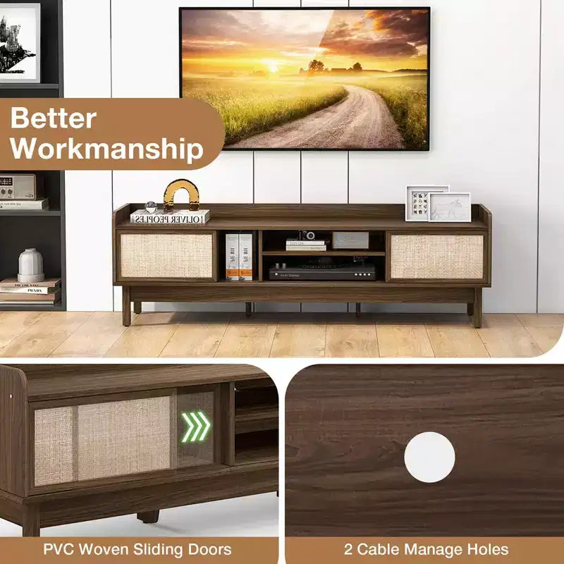 Meuble TV Costway en bois pour téléviseurs jusqu'à 65 pouces avec rangement, étagère réglable et portes coulissantes Noyer