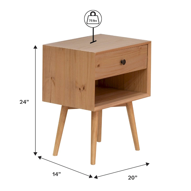 Table de chevet Middlebrook Mid-Century en bois massif à 1 tiroir, ensemble de 2