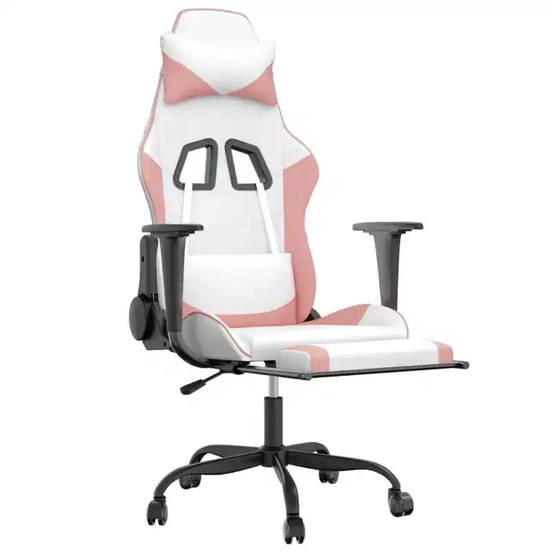 vidaXL Chaise de Massage Gaming avec Siège et Dossier Réglables, Fonction de Massage Intégrée - Rembourrée en Mousse, Recouverte de Blanc et Rose