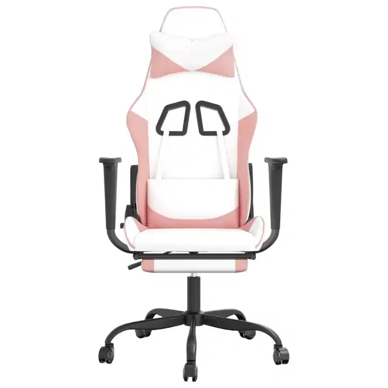 vidaXL Chaise de Massage Gaming avec Siège et Dossier Réglables, Fonction de Massage Intégrée - Rembourrée en Mousse, Recouverte de Blanc et Rose
