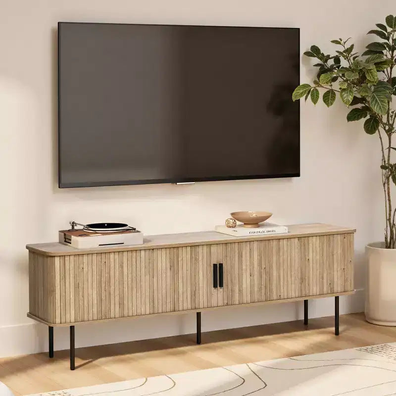 LuxenHome 62.6 Modern TV Stand with Storage for TVs Up to 65 Inch, Oak Entertainment Console with Sliding Doors Brown