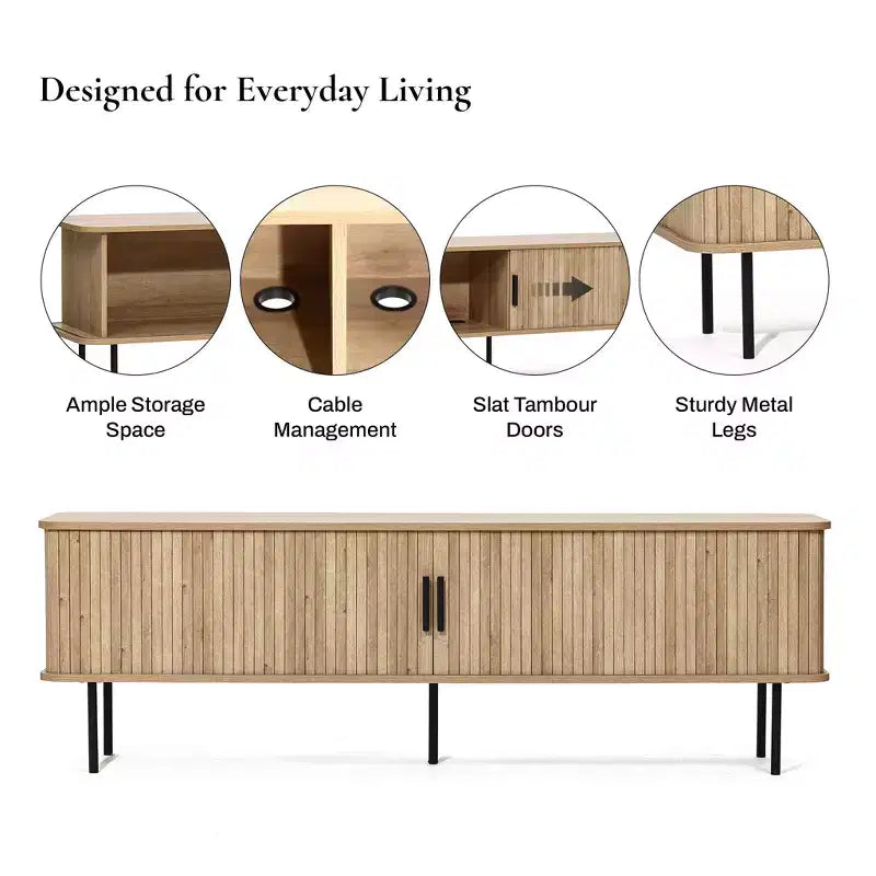 Meuble TV moderne LuxenHome de 62,6 po avec rangement pour téléviseurs jusqu'à 65 po, console de divertissement en chêne avec portes coulissantes marron