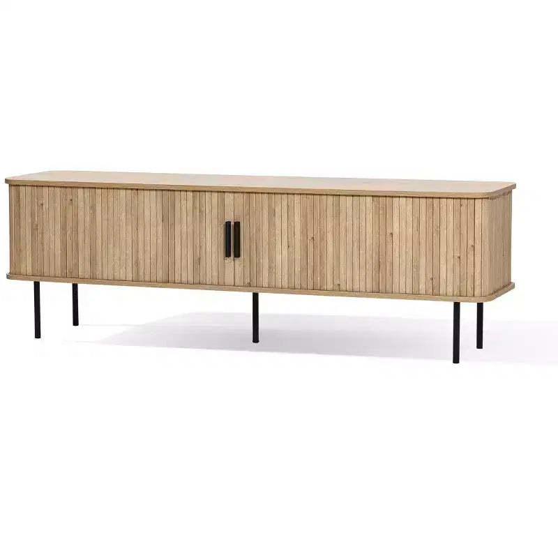Meuble TV moderne LuxenHome de 62,6 po avec rangement pour téléviseurs jusqu'à 65 po, console de divertissement en chêne avec portes coulissantes marron