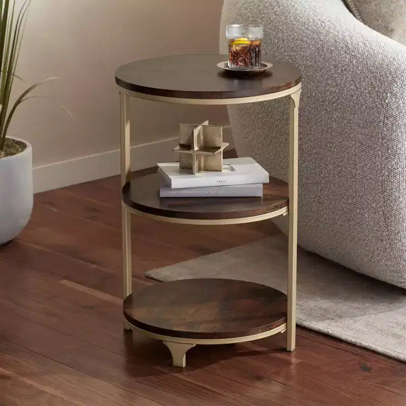 Studio 55D Keanu Petite Table d'appoint Ronde Bronze Rustique 38,7 cm de Large avec Plateau en Bois Marron à 3 Étages pour Salon