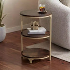 Studio 55D Keanu Petite Table d'appoint Ronde Bronze Rustique 38,7 cm de Large avec Plateau en Bois Marron à 3 Étages pour Salon