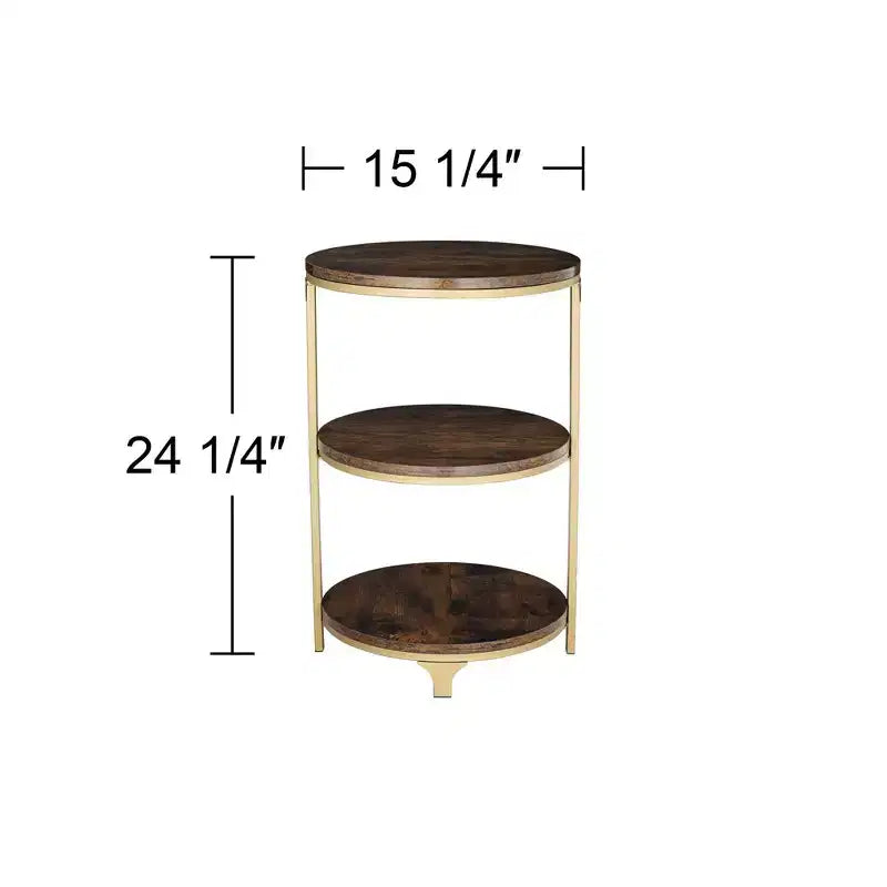 Studio 55D Keanu Petite Table d'appoint Ronde Bronze Rustique 38,7 cm de Large avec Plateau en Bois Marron à 3 Étages pour Salon