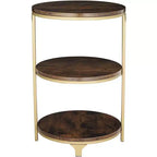 Studio 55D Keanu Petite Table d'appoint Ronde Bronze Rustique 38,7 cm de Large avec Plateau en Bois Marron à 3 Étages pour Salon