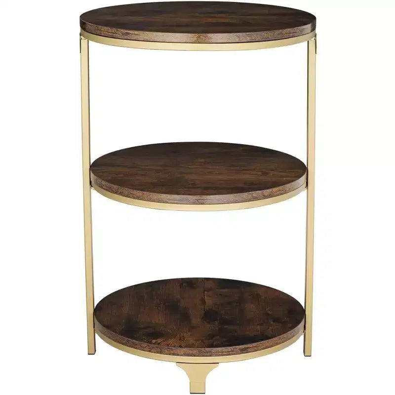Studio 55D Keanu Petite Table d'appoint Ronde Bronze Rustique 38,7 cm de Large avec Plateau en Bois Marron à 3 Étages pour Salon
