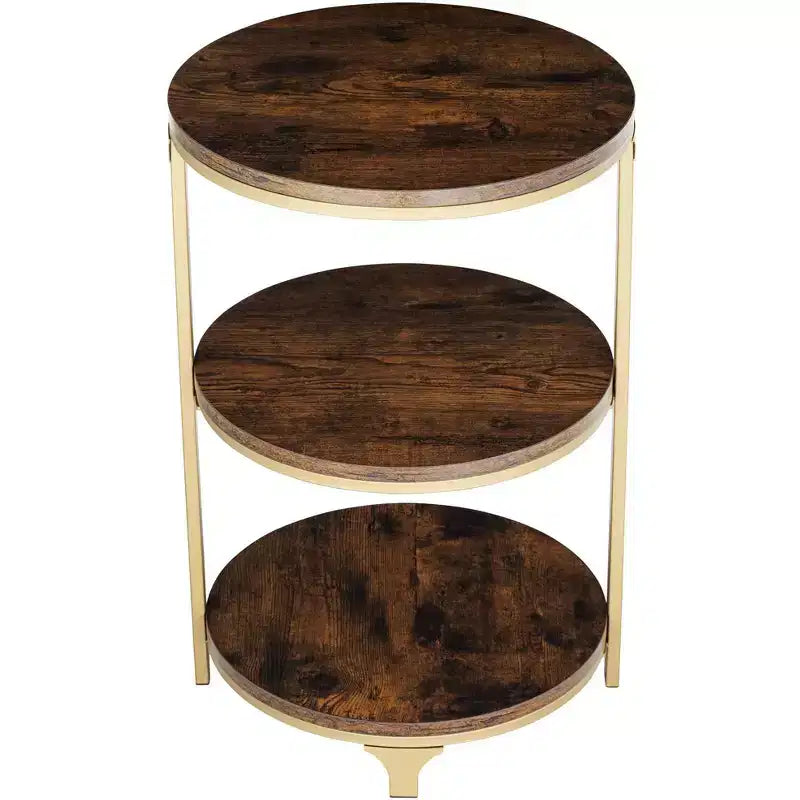 Studio 55D Keanu Petite Table d'appoint Ronde Bronze Rustique 38,7 cm de Large avec Plateau en Bois Marron à 3 Étages pour Salon