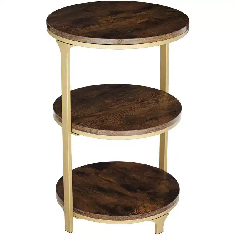 Studio 55D Keanu Petite Table d'appoint Ronde Bronze Rustique 38,7 cm de Large avec Plateau en Bois Marron à 3 Étages pour Salon