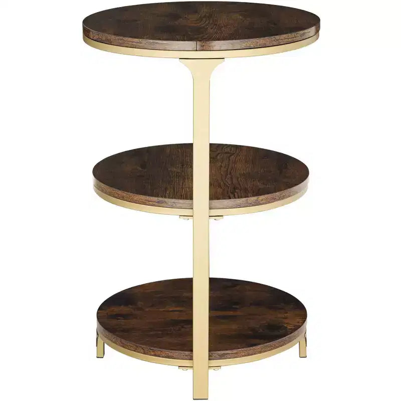Studio 55D Keanu Petite Table d'appoint Ronde Bronze Rustique 38,7 cm de Large avec Plateau en Bois Marron à 3 Étages pour Salon