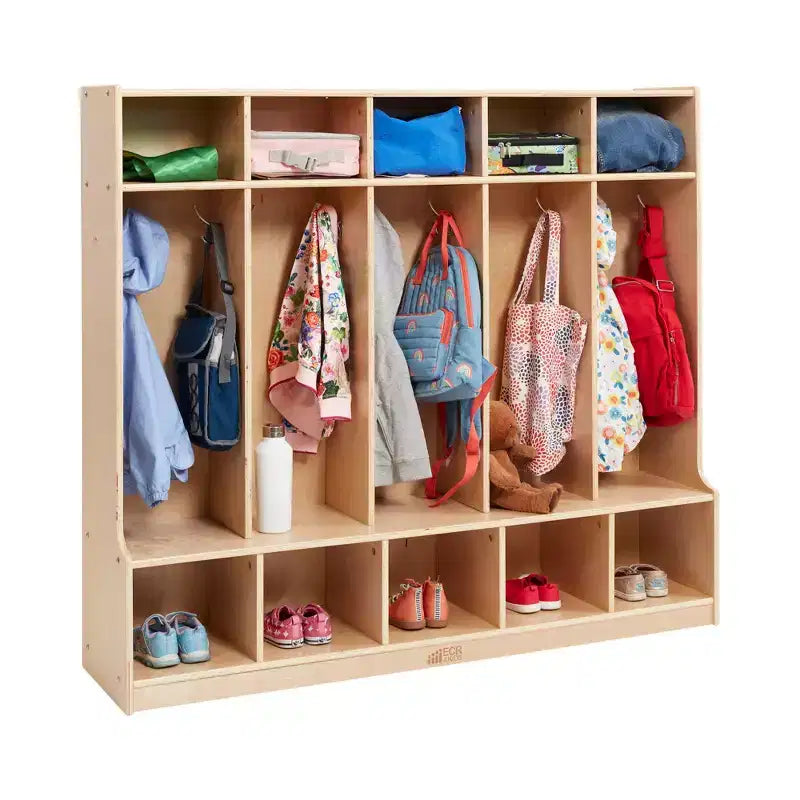 Vestiaire 5 sections ECR4Kids avec banc et compartiments de rangement, Mobilier de classe