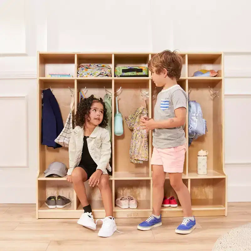 Vestiaire 5 sections ECR4Kids avec banc et compartiments de rangement, Mobilier de classe