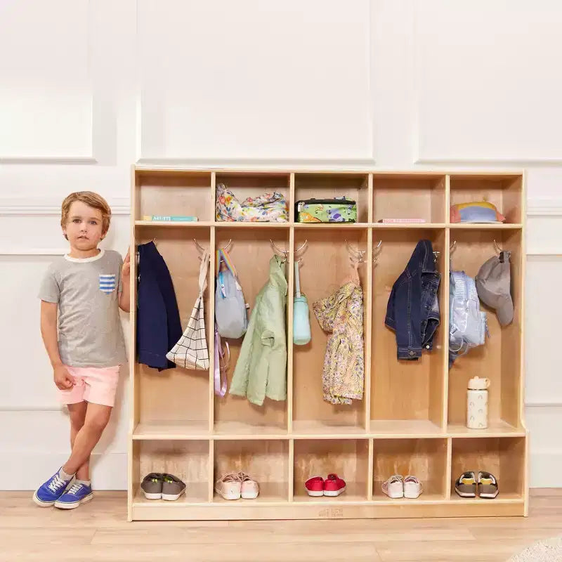Vestiaire 5 sections ECR4Kids avec banc et compartiments de rangement, Mobilier de classe