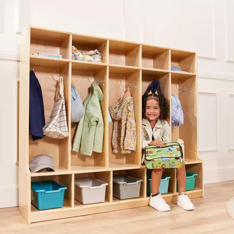 Vestiaire 5 sections ECR4Kids avec banc et compartiments de rangement, Mobilier de classe
