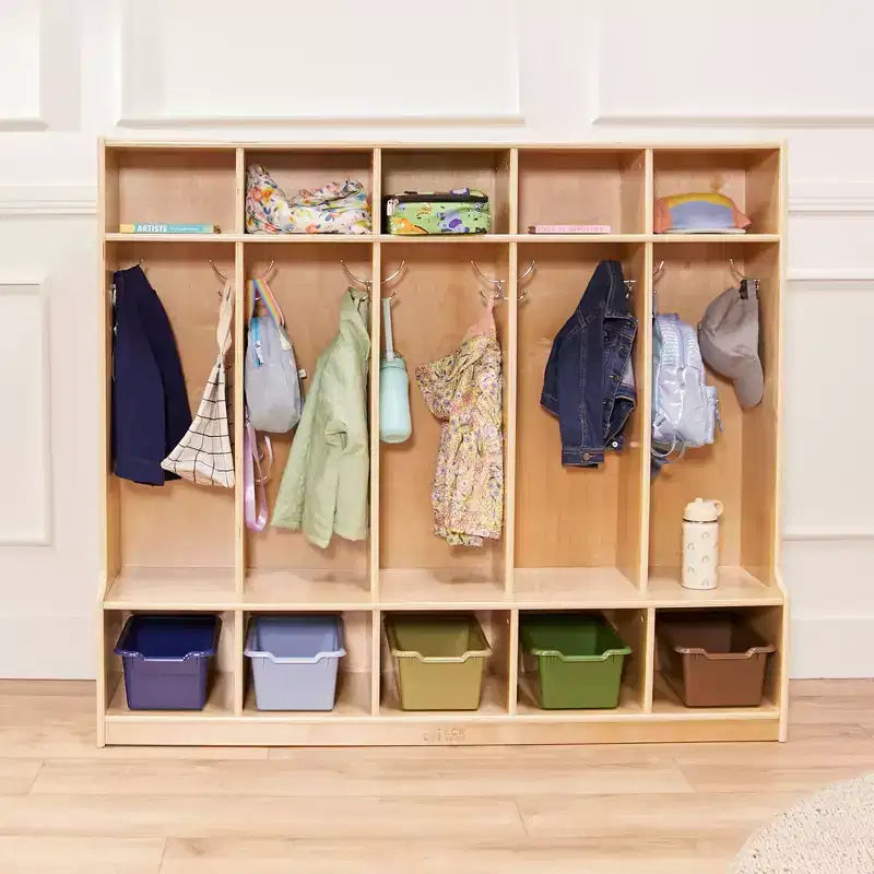 Vestiaire 5 sections ECR4Kids avec banc et compartiments de rangement, Mobilier de classe