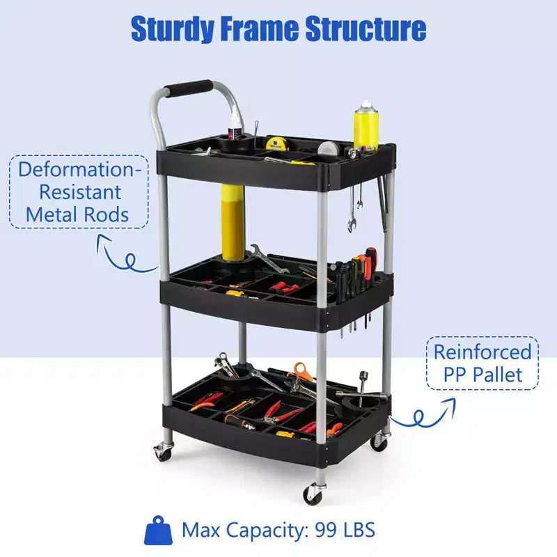 Costway Chariot de rangement à roulettes 3 niveaux avec poignée, rangement pour outils et roues universelles pour garage