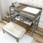 Lit superposé en L avec bureau, double sur double, en bois massif style ferme Plank+Beam