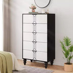 Whizmax Modern Wooden 5 Drawer Dresser with Vintage Pattern Design, Tall Dresser with Deep Drawers for Bedroom and Living Room, Black and White