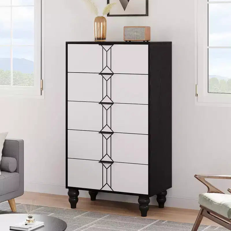 Commode à 5 tiroirs Whizmax Modern en bois avec motif vintage, commode haute avec tiroirs profonds pour chambre à coucher et salon, noir et blanc