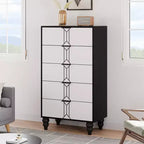 Commode à 5 tiroirs Whizmax Modern en bois avec motif vintage, commode haute avec tiroirs profonds pour chambre à coucher et salon, noir et blanc
